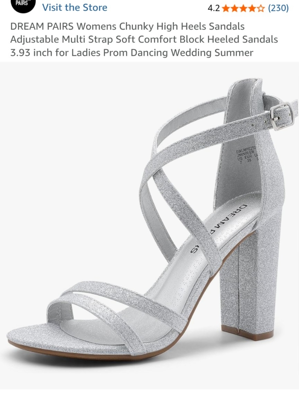 Dream Pairs Silver Glitter Crisscross Block Heel Sandals, 8.5